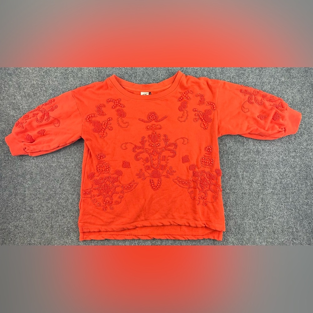 Anthropologie Orange Embroidered Crewneck Sweatshirt